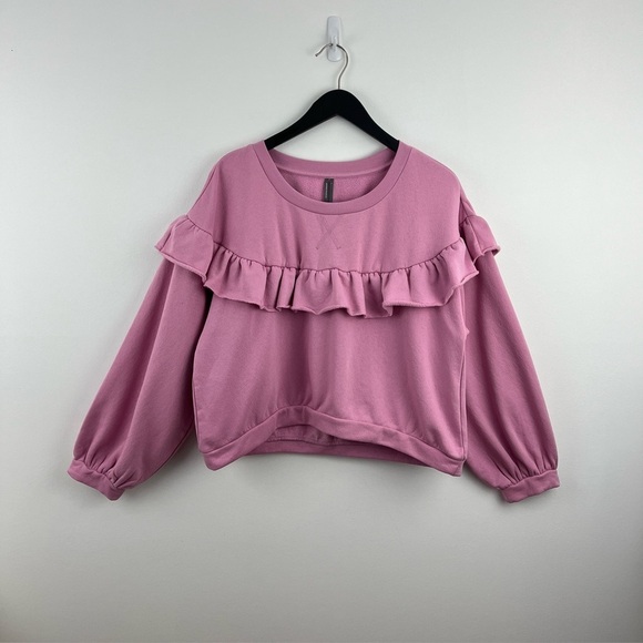 BY ANTHROPOLOGY lilac Ruffle sweatshirt size L - Picture 2 of 7